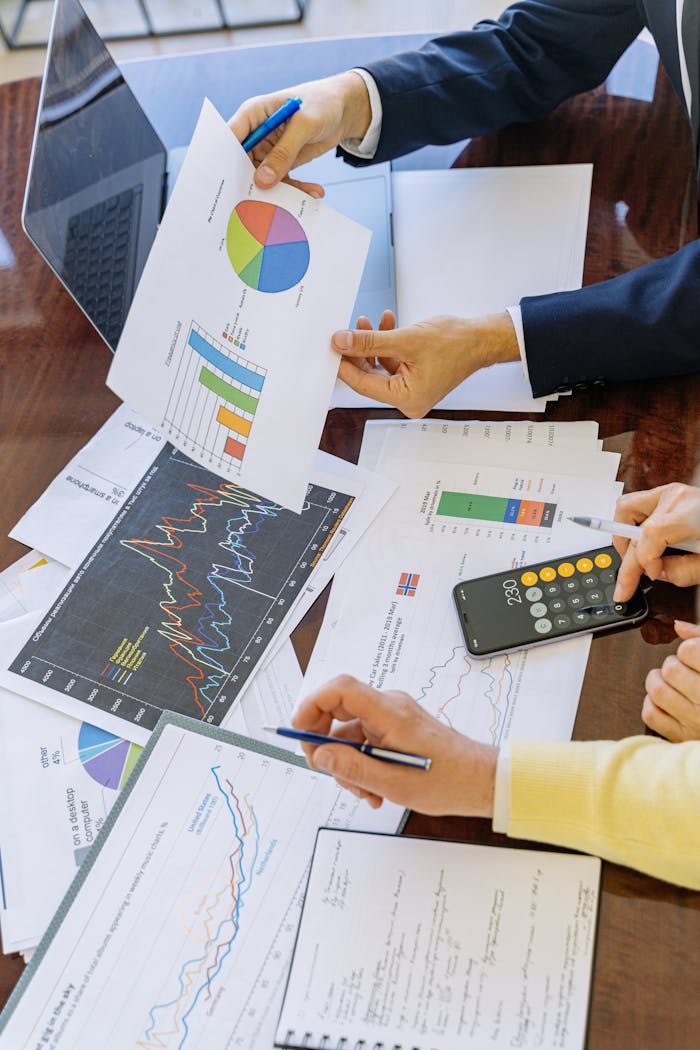 Home Business professionals analyzing financial charts and graphs during a meeting.