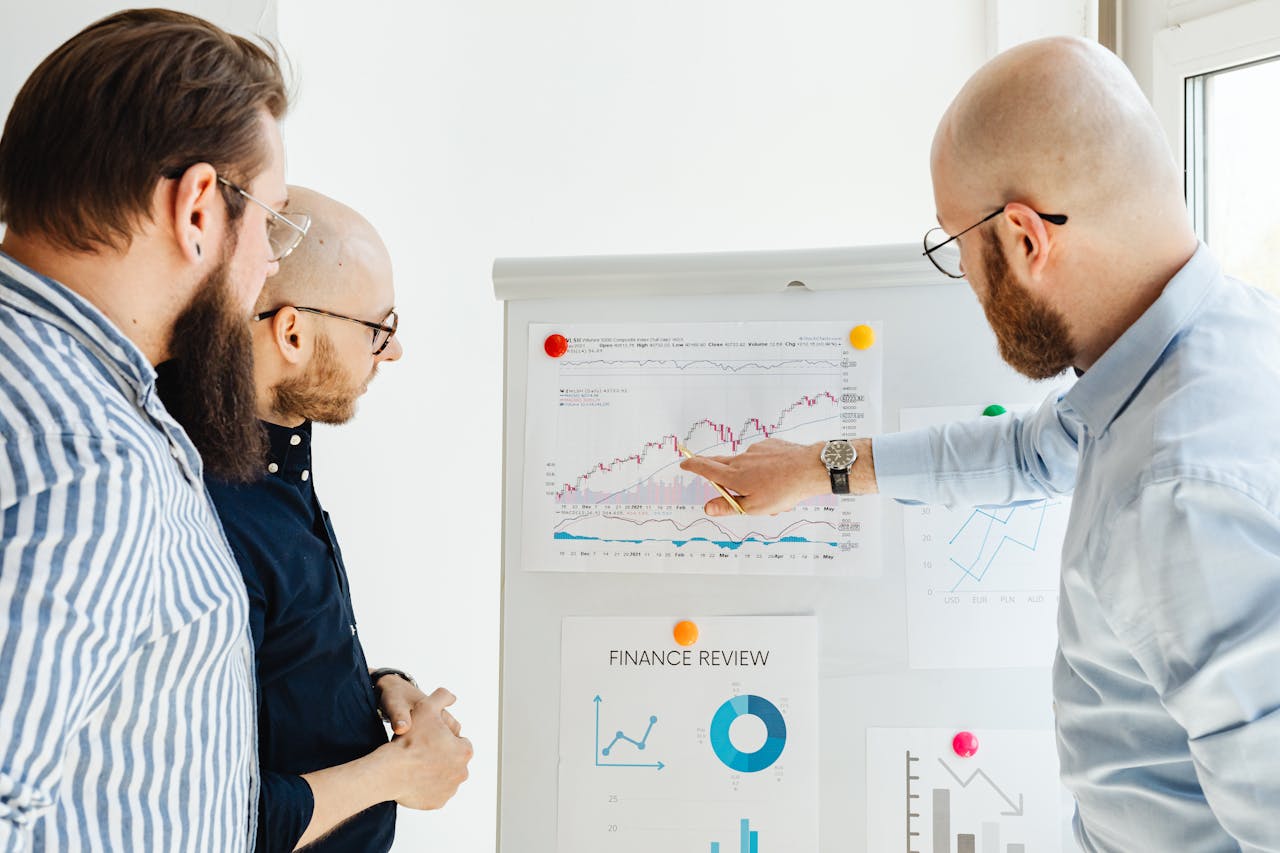 Services Business team reviewing financial charts during a strategy meeting indoors.
